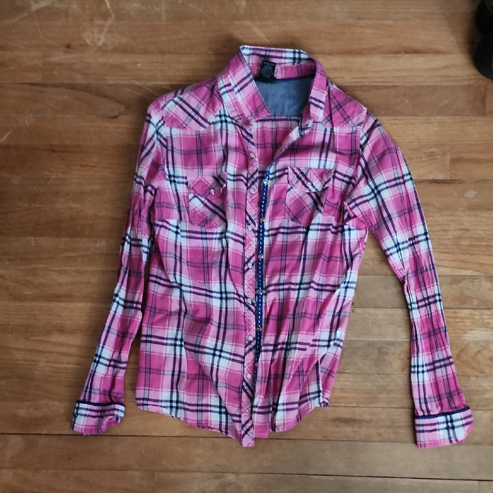 Rue21 Pink and White Plaid Shirt Large